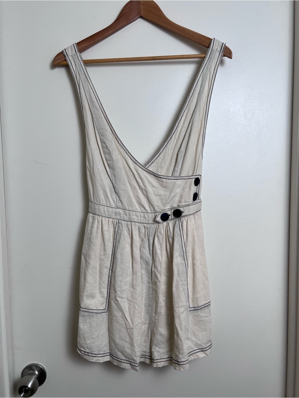 Urban Outfitters Linen Blend Romper M Cream Contrast Stitch Sleeveless Pockets